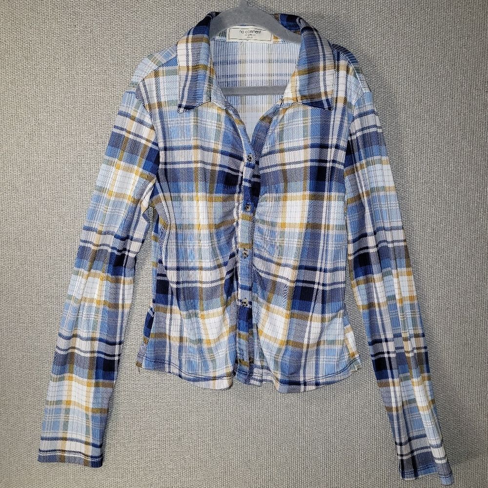 No Comment Size L 14 Blue and White ruched Flannel Button Up Top